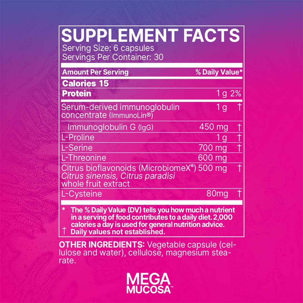 Supplement Facts label on purple-to-pink gradient background showing nutritional information for MegaMucosa capsules.