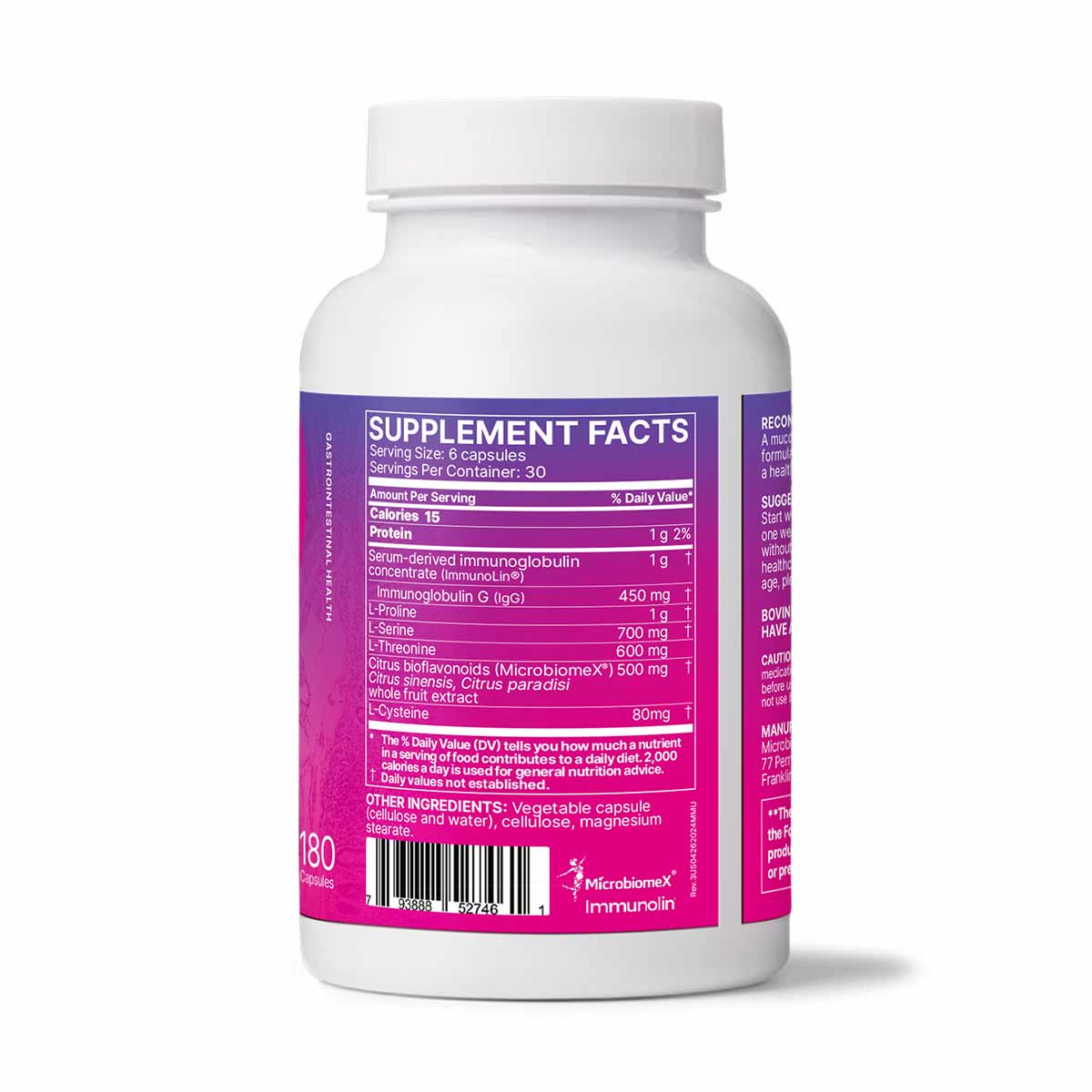 White bottle with purple label containing 180 capsules of MegaMucosa by Microbiome Labs, supplement facts visible.