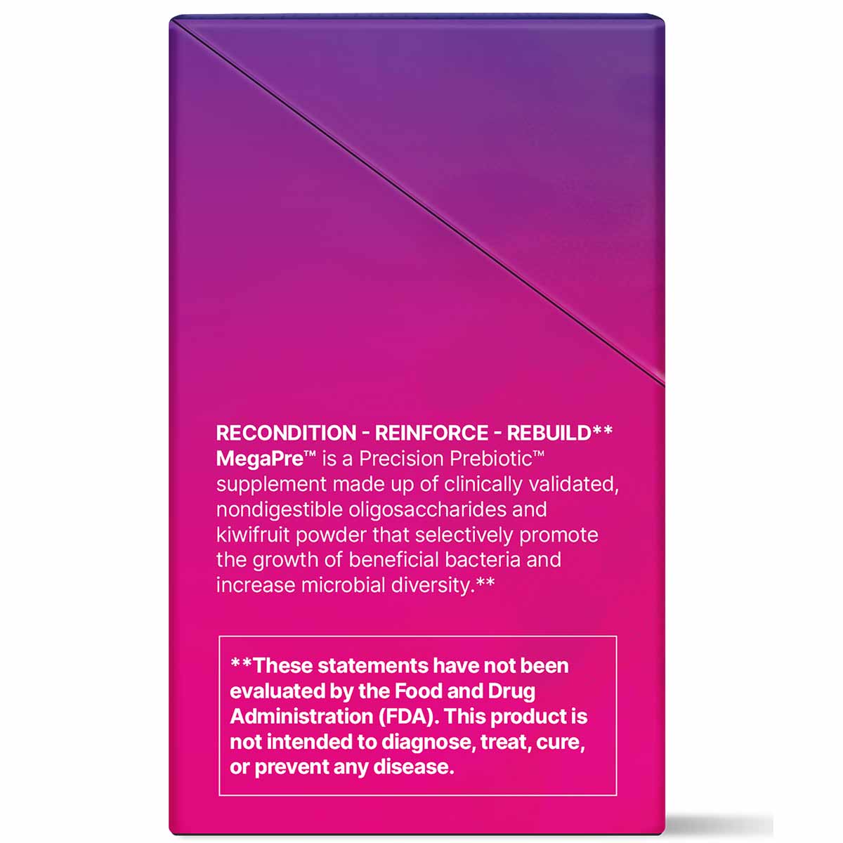 Purple and magenta gradient box of Megapre Precision Prebiotic supplement stick packs with white text and FDA disclaimer.