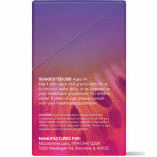 Purple and pink gradient box of Megapre Precision Prebiotic Stick Packs by Microbiome Labs with usage and caution information