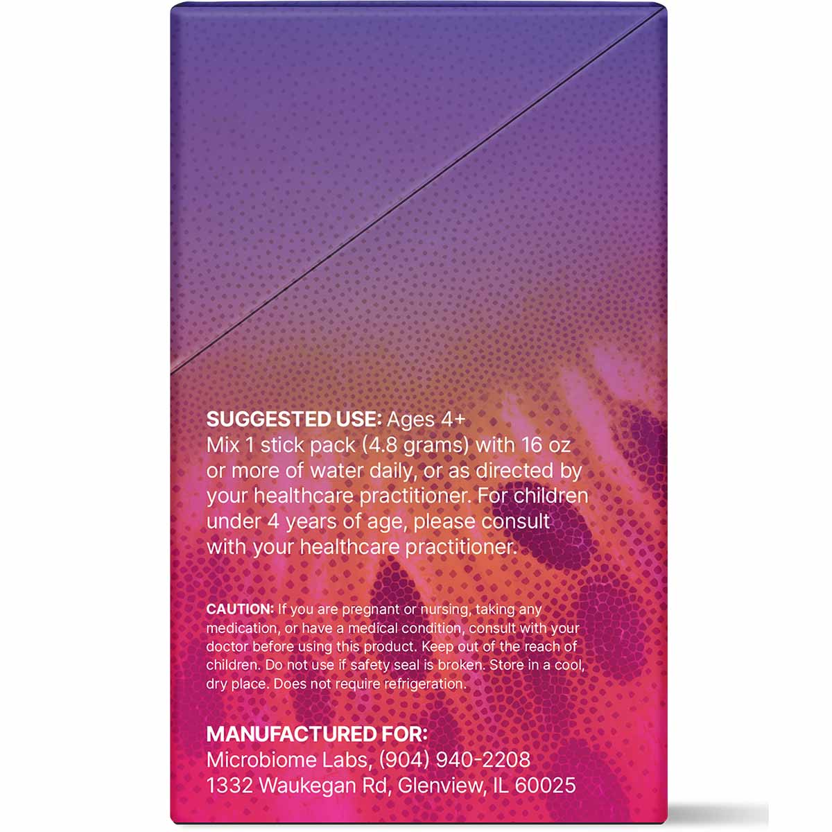 Purple and pink gradient box of Megapre Precision Prebiotic Stick Packs by Microbiome Labs with usage and caution information