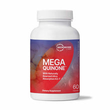 White bottle with red and purple label for MegaQuinone K2-7 dietary supplement containing 60 capsules by Microbiome Labs.