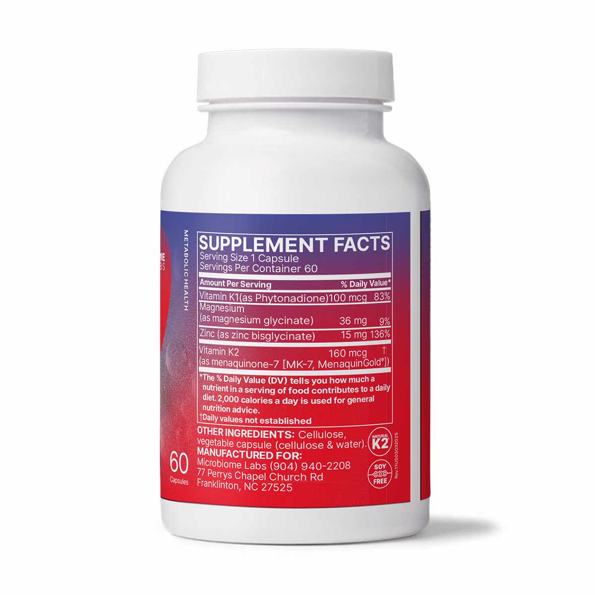 White supplement bottle with red label showing supplement facts for Vitamin K2 capsules, 60 count.