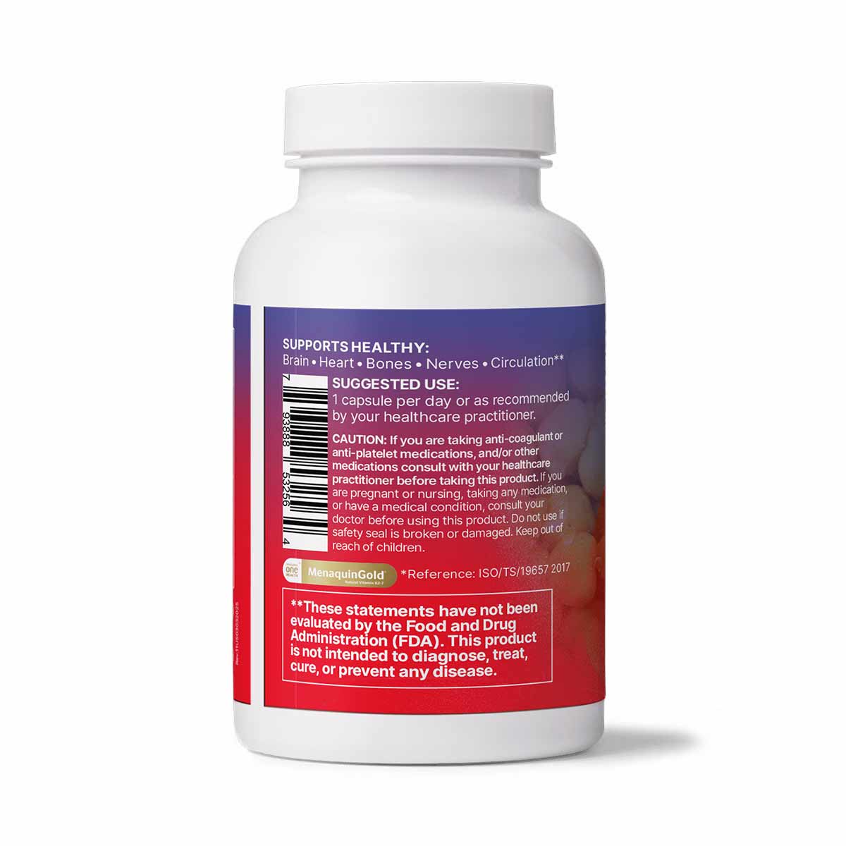 White cylindrical supplement bottle with purple and red label containing dosage and caution information.