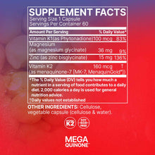 Supplement Facts label for MegaQuinone K2-7 capsules showing ingredients including Vitamin K1, magnesium, zinc, and Vitamin K