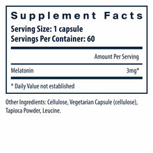 Supplement Facts label for melatonin 3 mg capsules showing serving size, ingredients, and nutritional information.