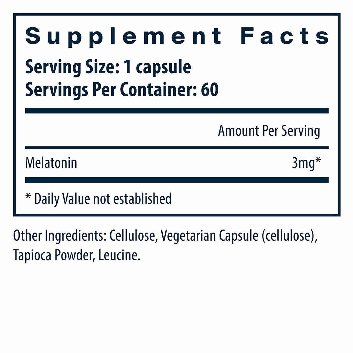 Supplement Facts label for melatonin 3 mg capsules showing serving size, ingredients, and nutritional information.