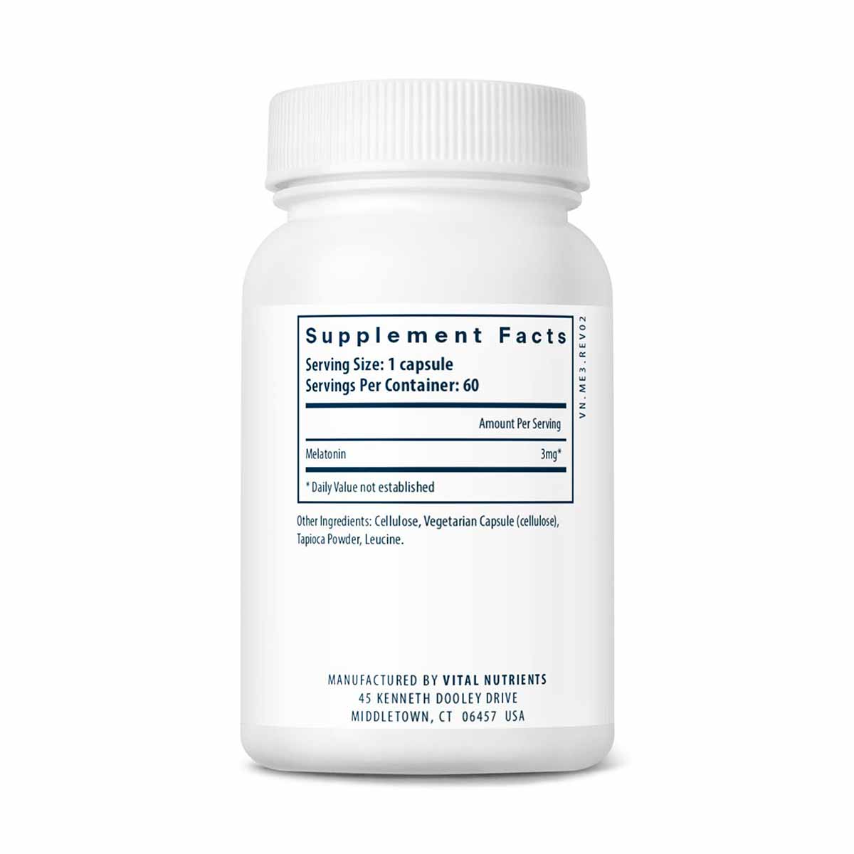 White bottle of Melatonin 3 mg vegetarian capsules with white cap and Supplement Facts label visible.
