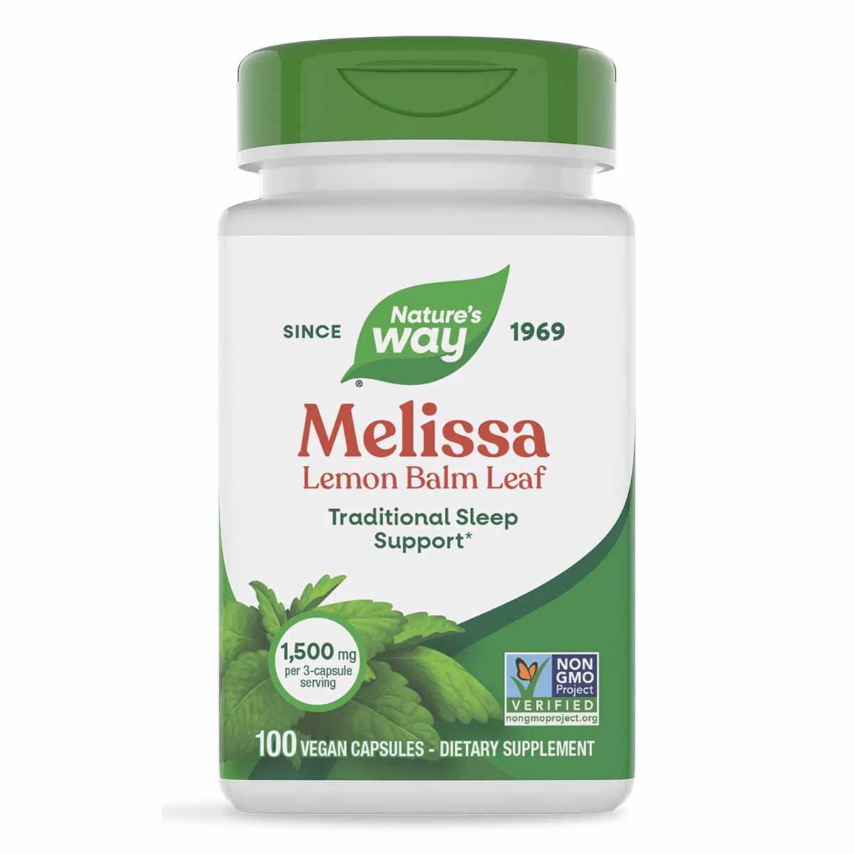 Nature's Way Melissa Lemon Balm Leaf dietary supplement bottle with green cap containing 100 vegan capsules.