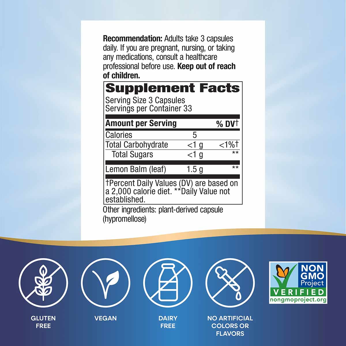 Supplement Facts label for lemon balm leaf capsules showing serving size, nutritional information, and ingredient list with c