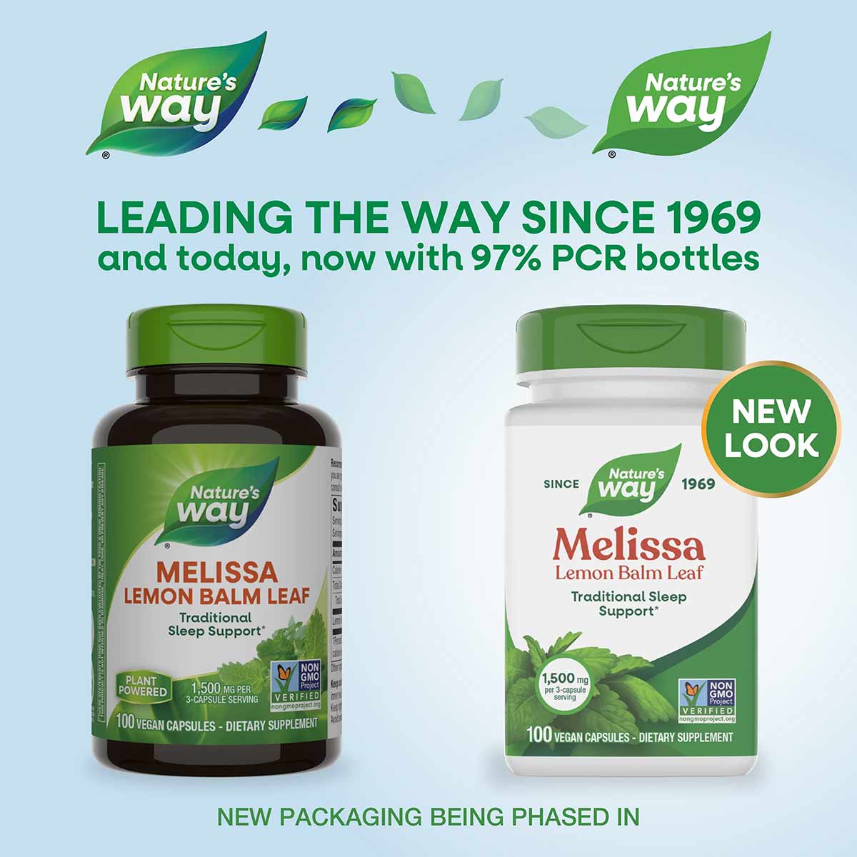 Two Nature's Way Melissa Lemon Balm Leaf supplement bottles in dark glass and white containers, each containing 100 vegan cap