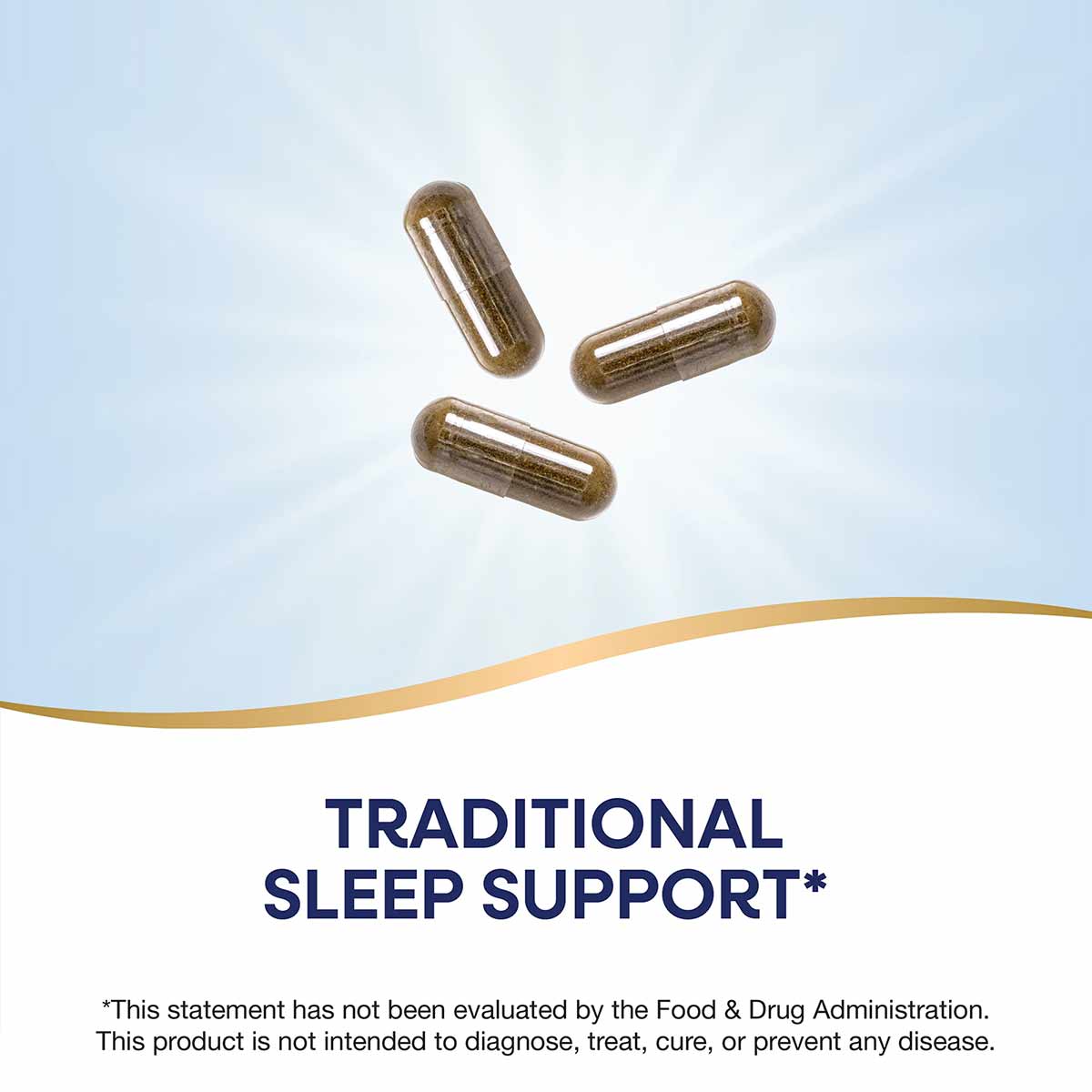Three brown herbal supplement capsules on white background with blue sky gradient.
