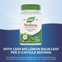Nature's Way Melissa Lemon Balm Leaf supplement bottle with green cap, 100 vegan capsules, Non-GMO verified.