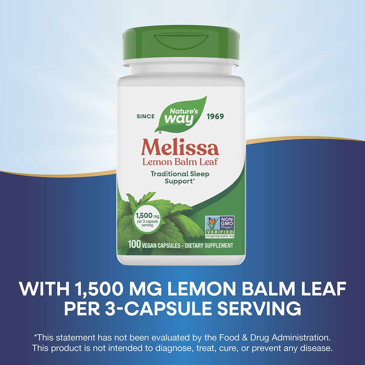 Nature's Way Melissa Lemon Balm Leaf supplement bottle with green cap, 100 vegan capsules, Non-GMO verified.