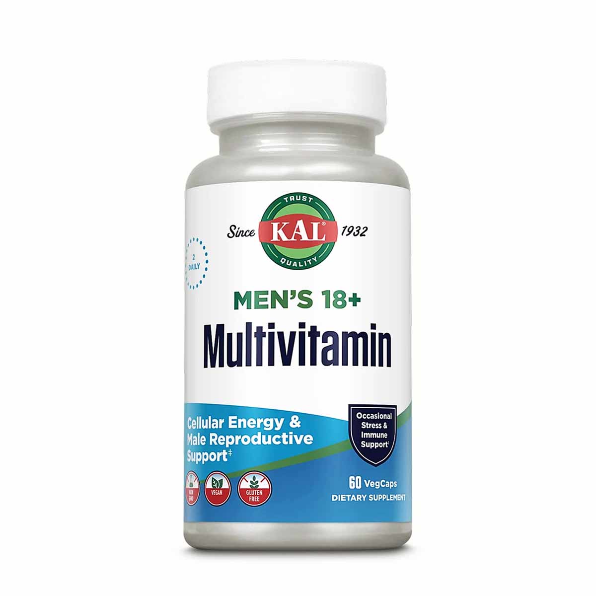 Bottle of Kal Men's 18+ Multivitamin dietary supplement with white cap and blue label containing 60 vegcaps.