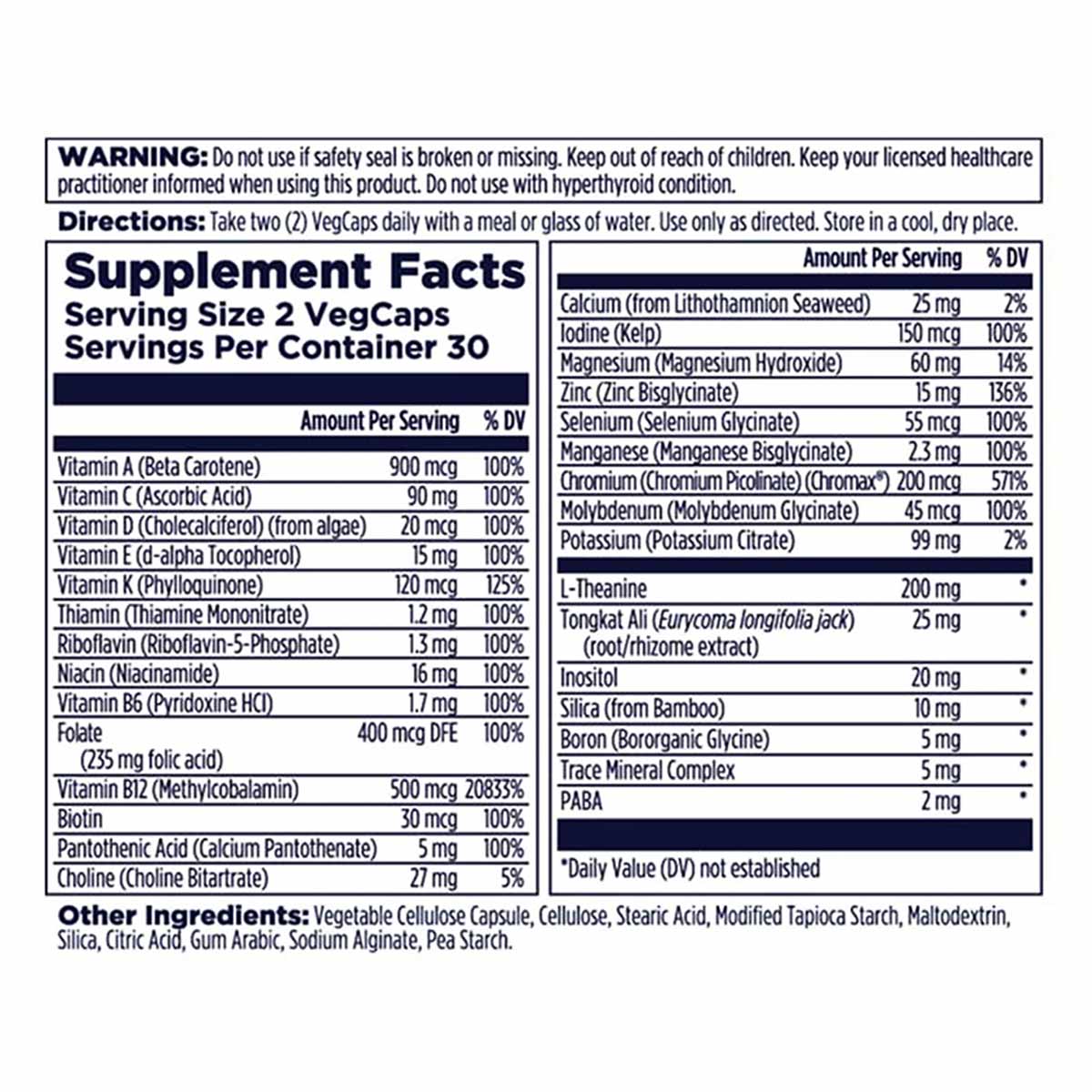 Supplement Facts label for Men 18+ Multivitamin by Kal showing serving size, ingredients, and nutritional information on whit