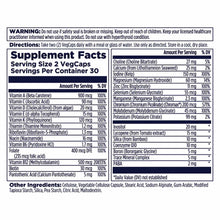 Supplement facts label for Kal Men 50+ Multivitamin showing ingredients, serving size of 2 VegCaps, and nutritional informati