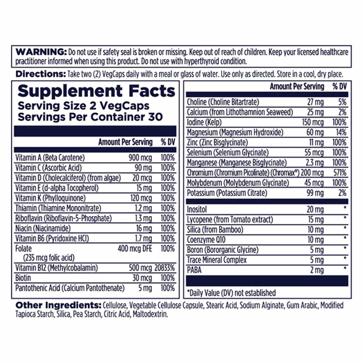 Supplement facts label for Kal Men 50+ Multivitamin showing ingredients, serving size of 2 VegCaps, and nutritional informati