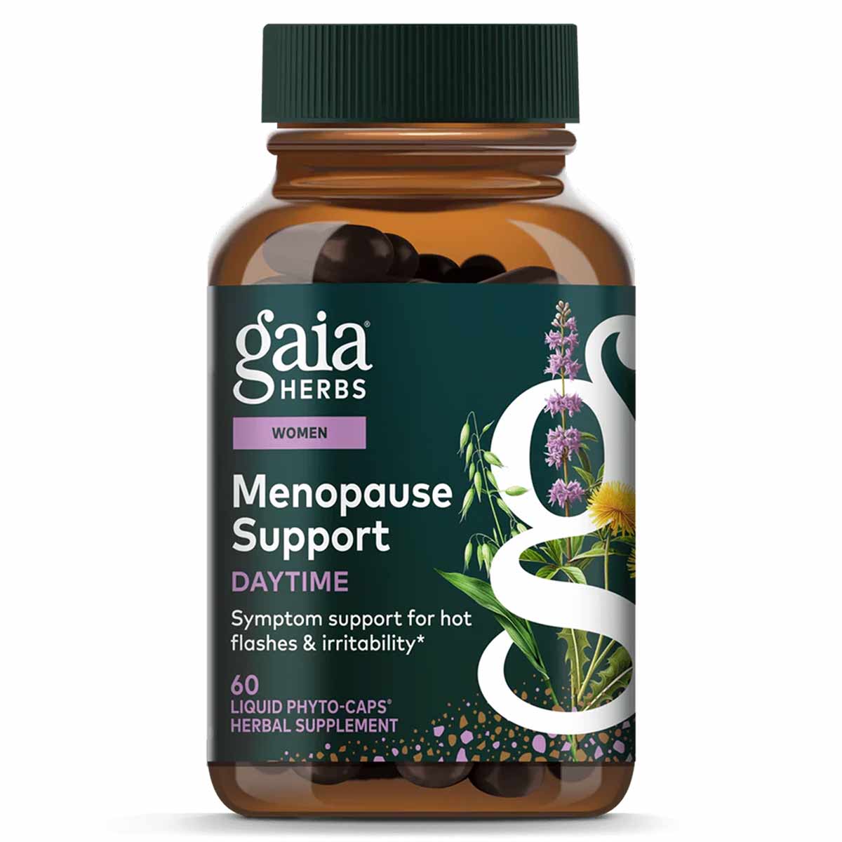 Gaia Herbs Menopause Support Daytime herbal supplement bottle with green cap containing 60 liquid phyto-caps.