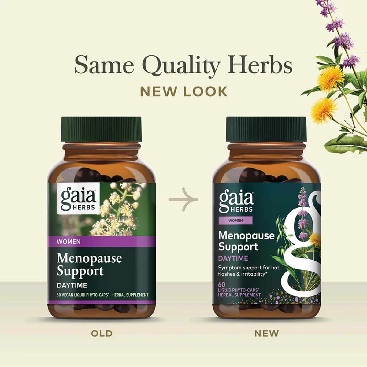 Gaia Herbs Menopause Support Daytime supplement bottles showing old and new packaging designs side by side.