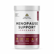 White container of Ancient Nutrition Menopause Support + Collagen powder with burgundy label and white lid.