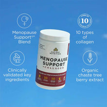 White cylindrical supplement container labeled "Menopause Support + Collagen" by Ancient Nutrition on blue background with fe