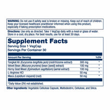 Supplement Facts label for Solaray Men's Libido Support showing ingredients including Tongkat Ali, Velvet Bean, Horny Goat We
