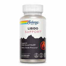 Solaray Men's Libido Support bottle with white cap, black and white label with rainbow logo and red flame icon, 30 vegcaps.