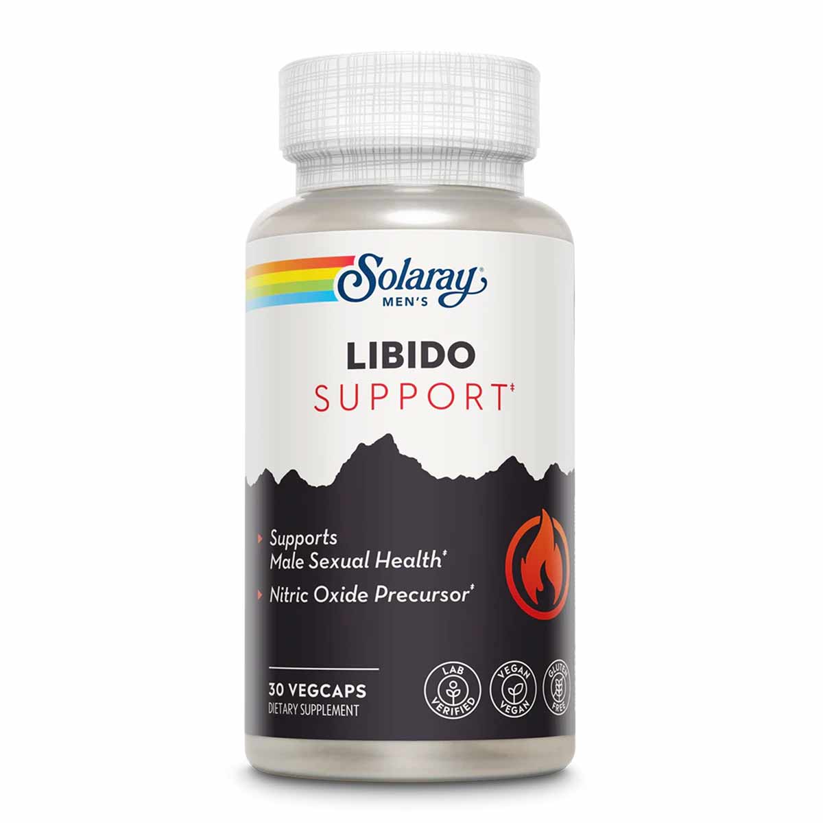 Solaray Men's Libido Support bottle with white cap, black and white label with rainbow logo and red flame icon, 30 vegcaps.