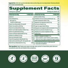 Supplement Facts label for Megafood Men's Whole Body Multi gummies with ingredient list and certification badges.