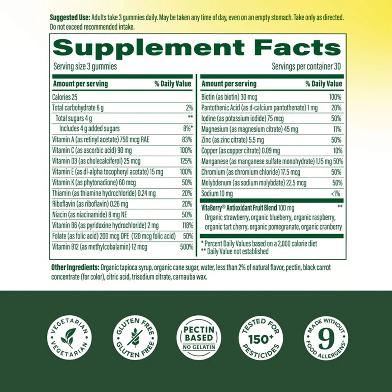 Supplement Facts label for Megafood Men's Whole Body Multi gummies with ingredient list and certification badges.