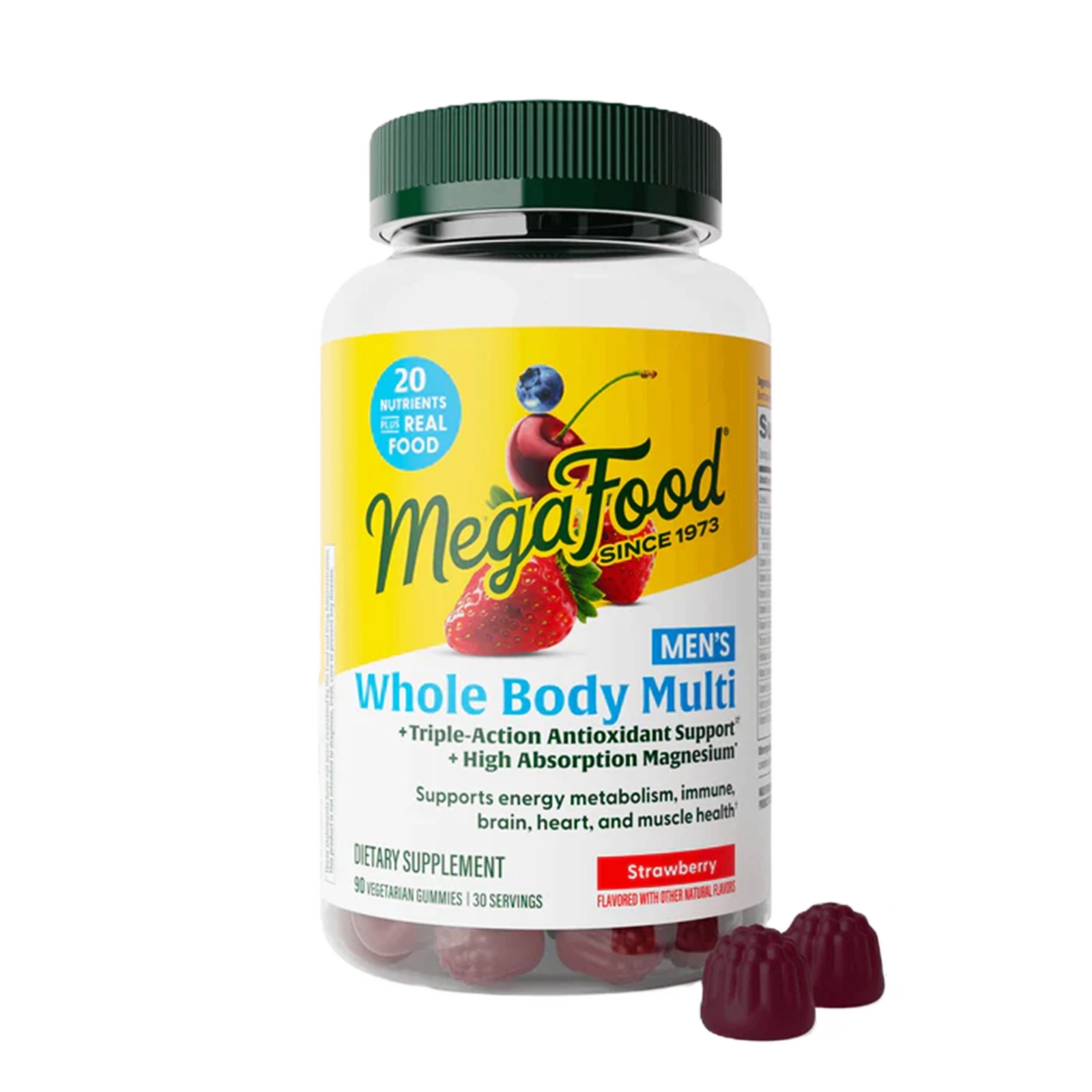 MegaFood Men's Whole Body Multi supplement bottle with green cap containing strawberry-flavored gummies and two gummies displ