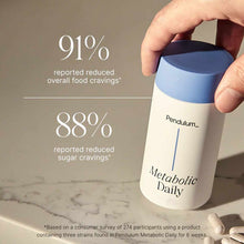 Hand holding white cylindrical container with blue cap labeled "Pendulum Metabolic Daily" on marble surface.