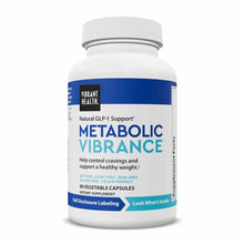 White bottle with blue and teal label containing 90 vegetable capsules of Metabolic Vibrance by Vibrant Health.