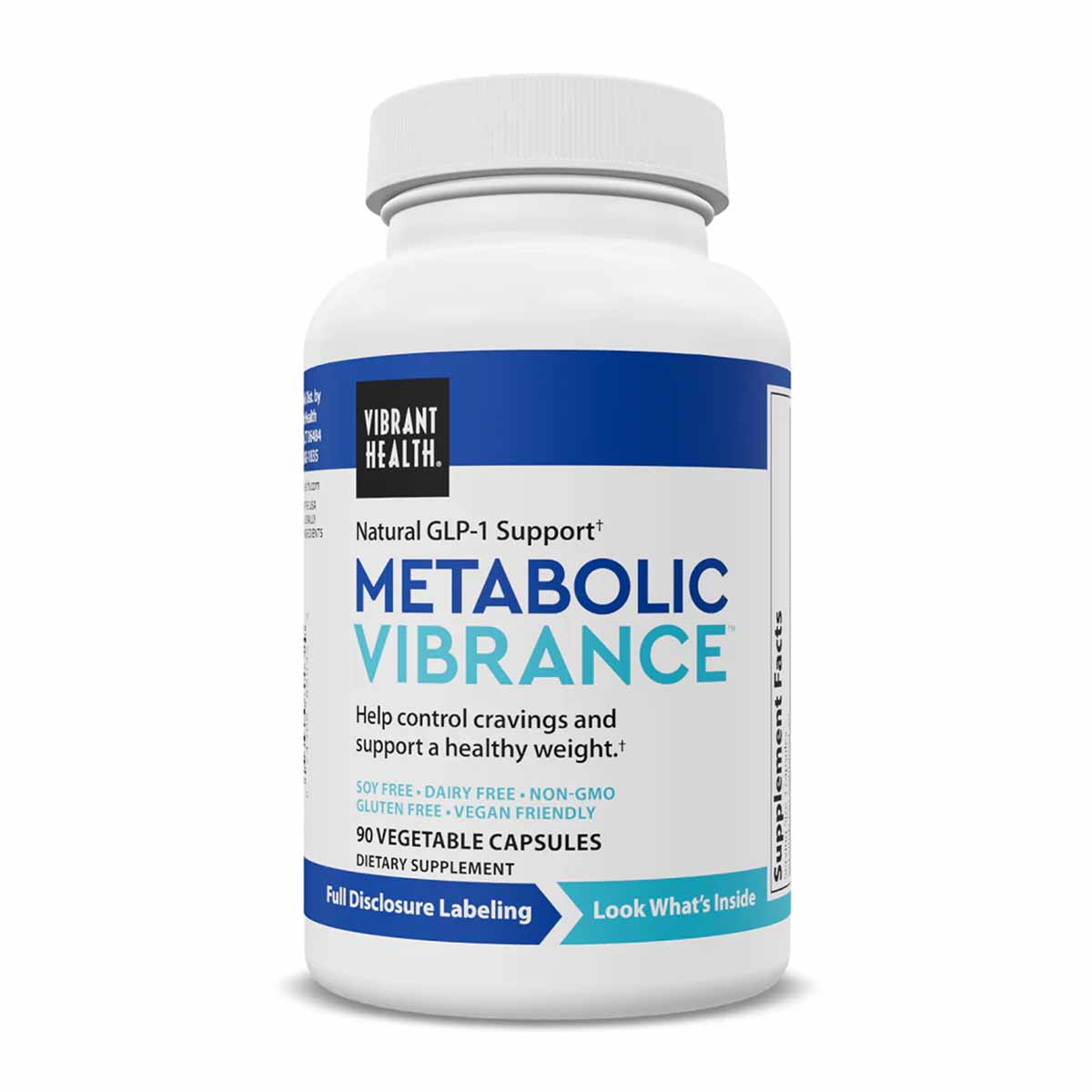 White bottle with blue and teal label containing 90 vegetable capsules of Metabolic Vibrance by Vibrant Health.