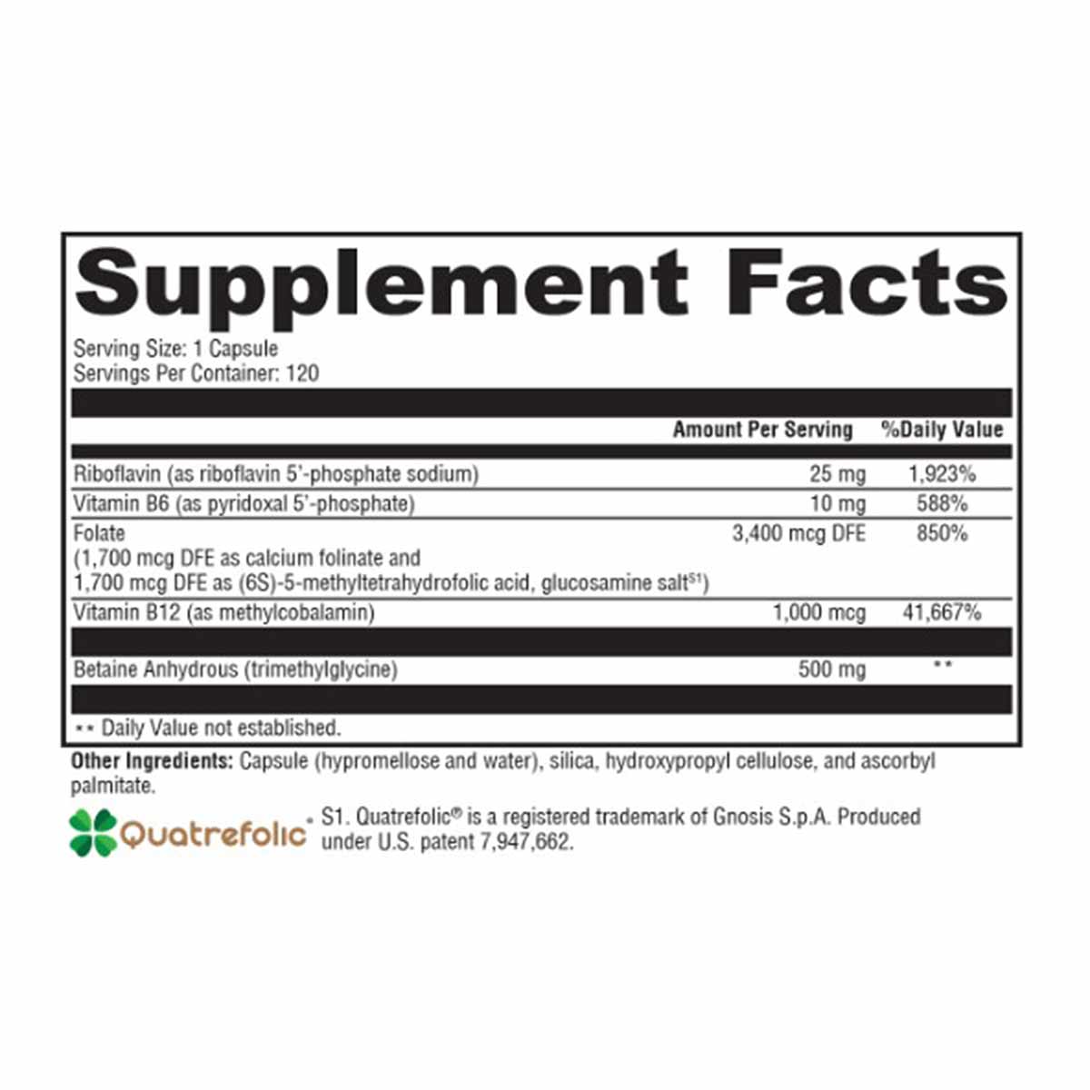Supplement Facts label showing serving size of 1 capsule with 120 servings per container, listing B vitamins and betaine anhy