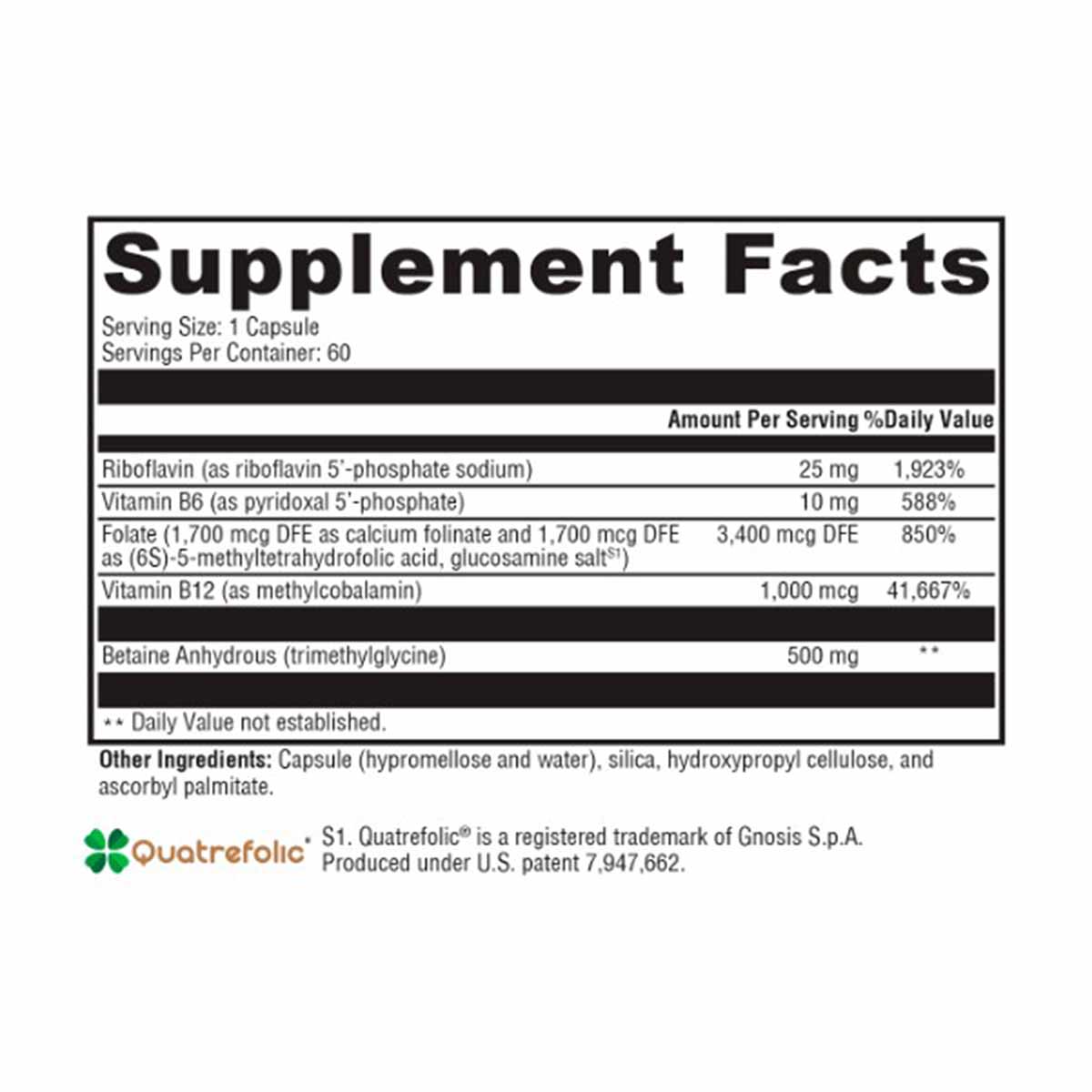 Supplement Facts label for Methyl Protect capsules listing ingredients including riboflavin, vitamin B6, folate, vitamin B12,