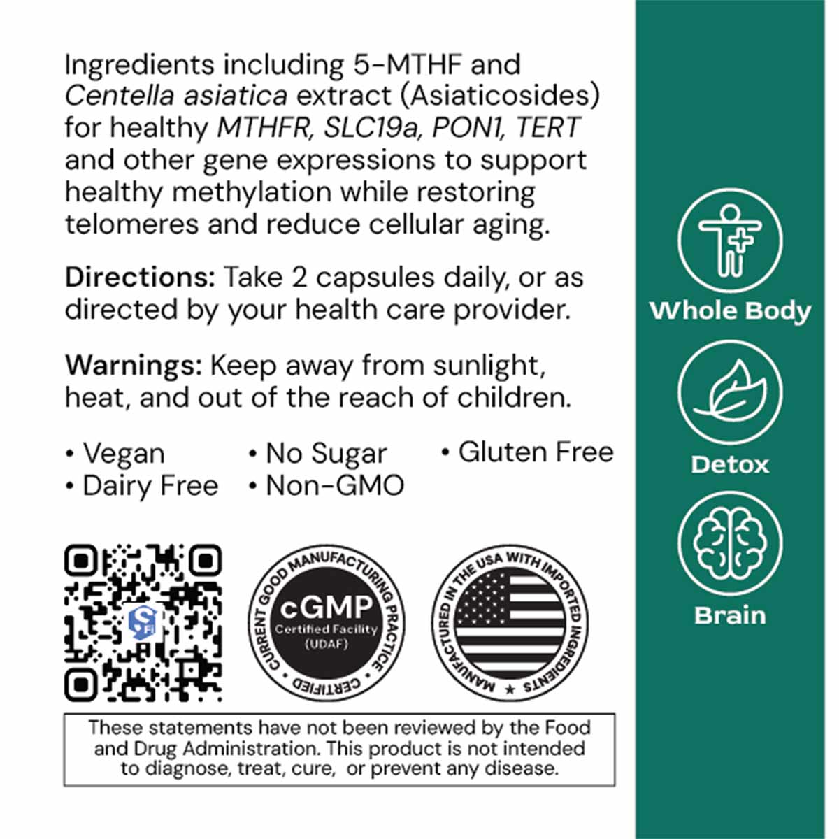 MethylGenic supplement label showing ingredients, directions, certifications, and product claims with teal sidebar highlighti