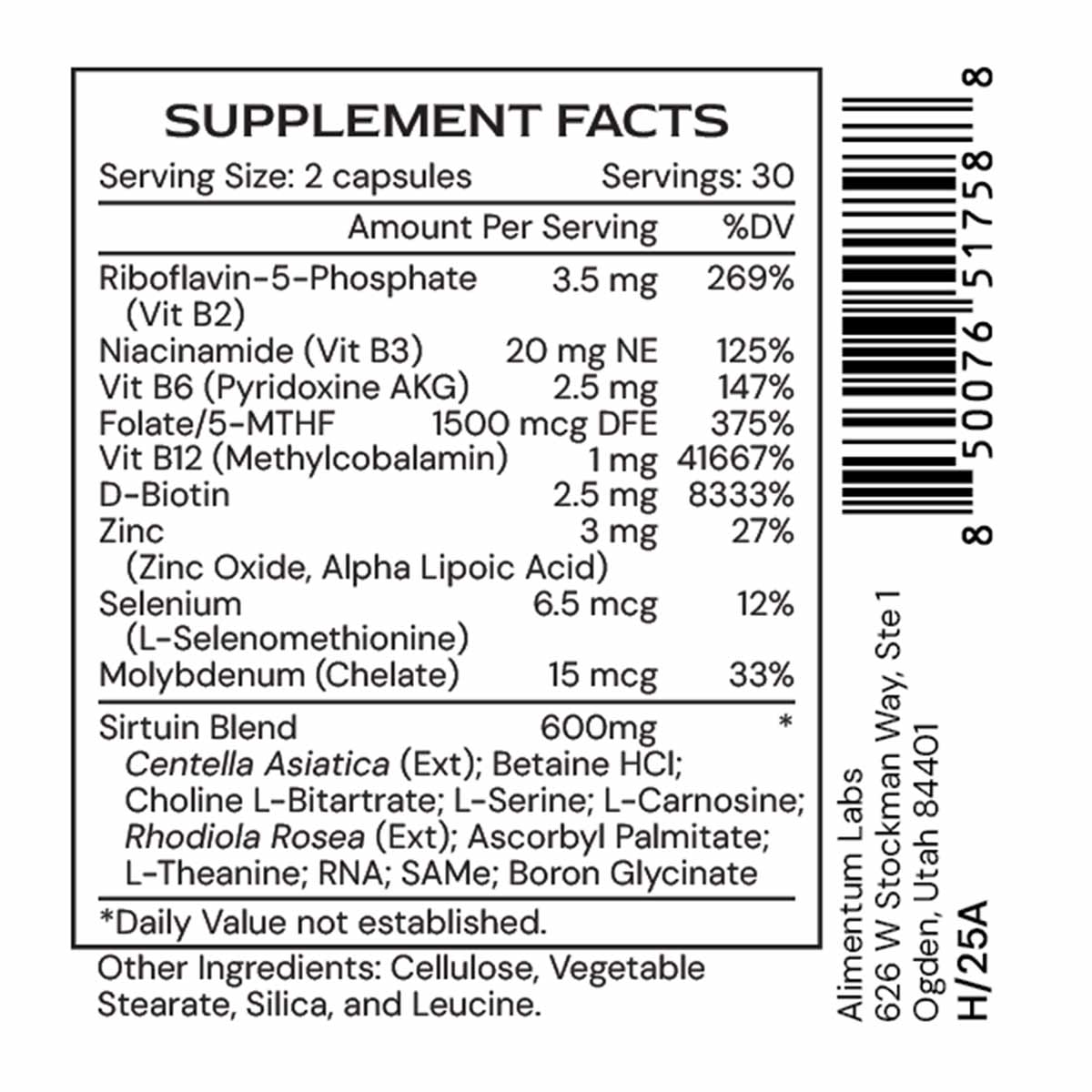Supplement facts label for MethylGenic showing serving size of 2 capsules with B vitamins, minerals, and proprietary blend in