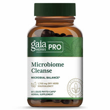 Gaia Herbs Pro Microbiome Cleanse supplement bottle with green cap containing 60 dark liquid phyto-caps.