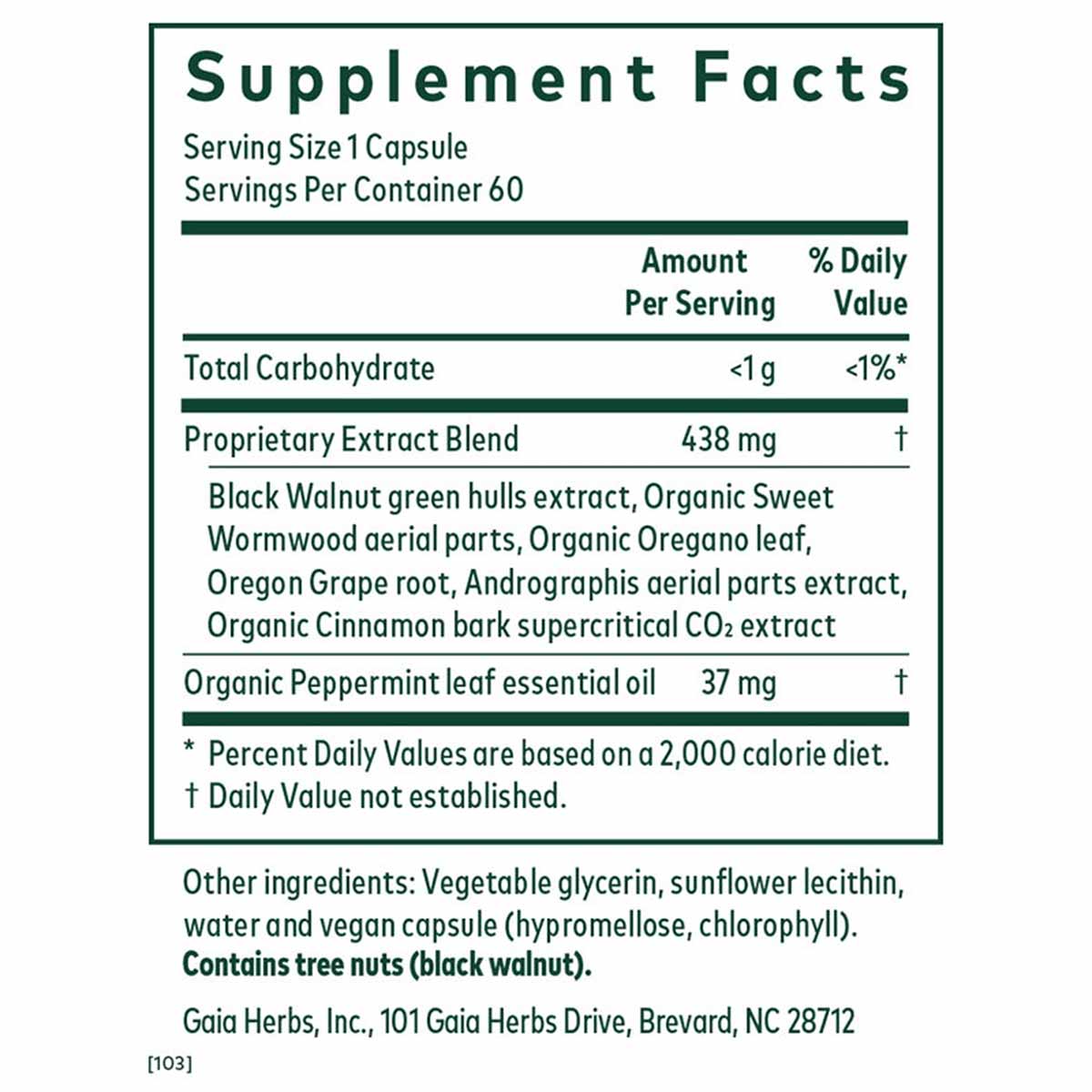 Supplement Facts label for Microbiome Cleanse capsules showing serving size, ingredients including black walnut extract and p