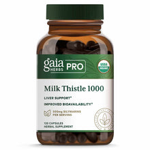 Brown glass bottle with green cap containing black capsules labeled Gaia Herbs Pro Milk Thistle 1000.