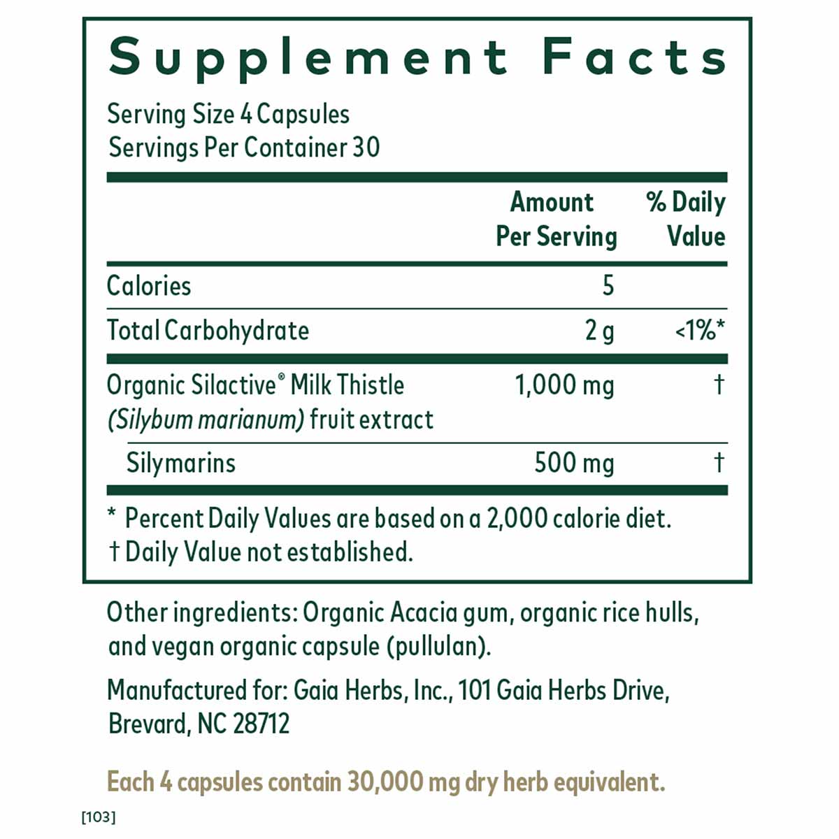 Supplement Facts label for Milk Thistle 1000 capsules showing serving size, nutritional information, and ingredients.