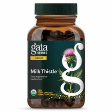 Gaia Herbs Milk Thistle supplement bottle with green cap containing 120 vegan capsules.
