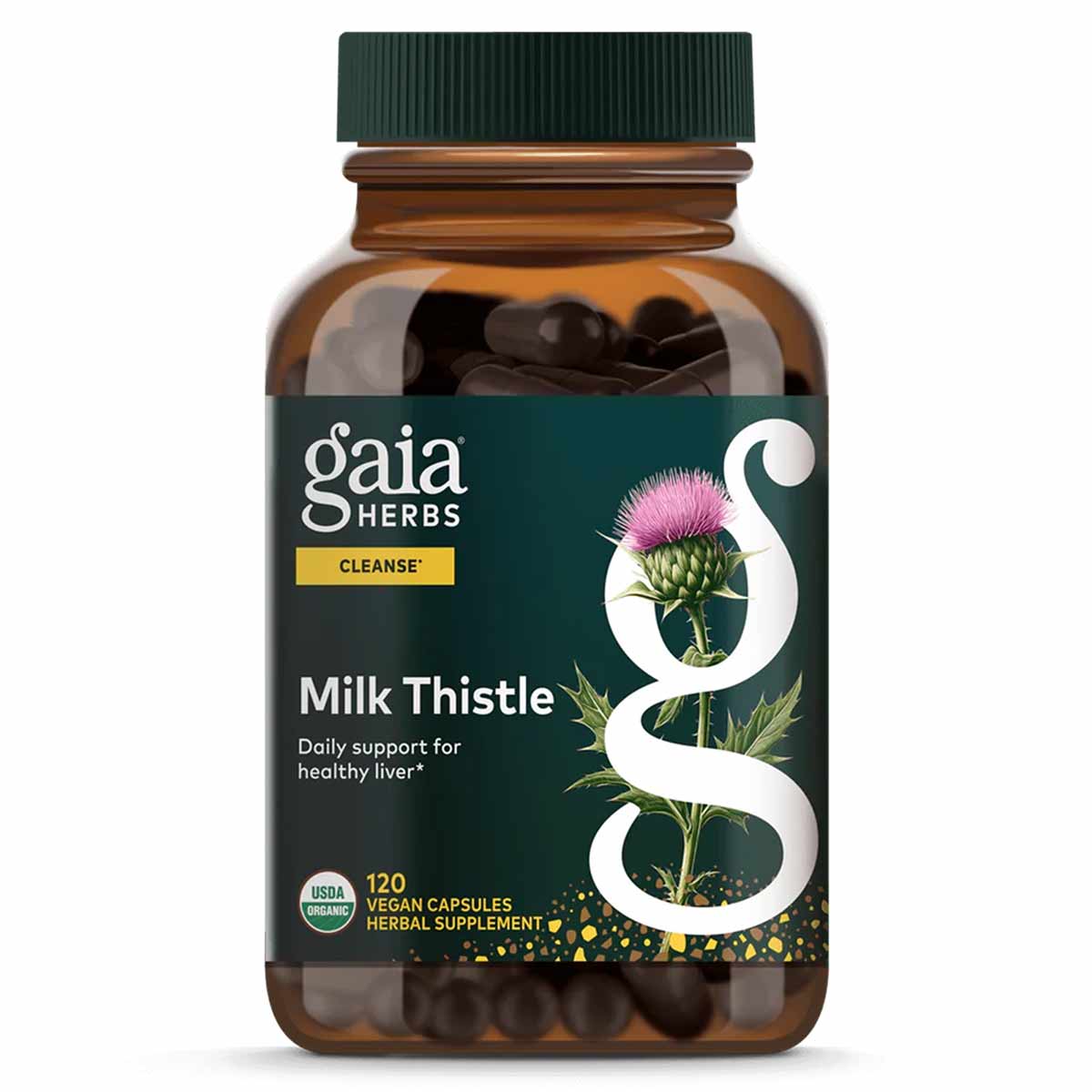 Gaia Herbs Milk Thistle supplement bottle with green cap containing 120 vegan capsules.
