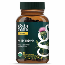 Gaia Herbs Milk Thistle supplement bottle with green cap, 60 vegan capsules, amber glass container with teal label.