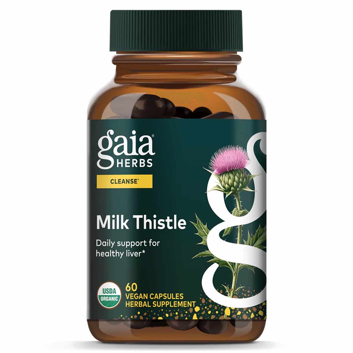 Gaia Herbs Milk Thistle supplement bottle with green cap, 60 vegan capsules, amber glass container with teal label.