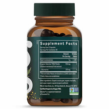Gaia Herbs Milk Thistle supplement bottle with green cap containing dark capsules and label showing supplement facts.