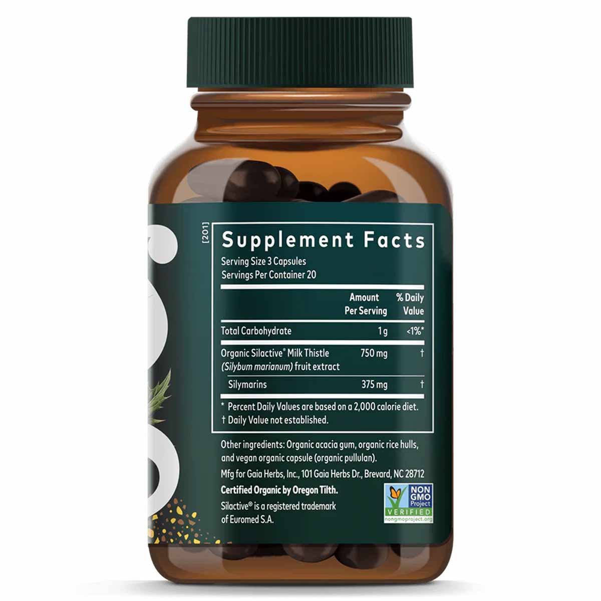 Gaia Herbs Milk Thistle supplement bottle with green cap containing dark capsules and label showing supplement facts.