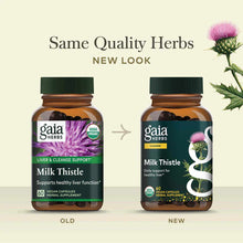 Two Gaia Herbs Milk Thistle supplement bottles showing old and new label designs with 60 vegan capsules each.